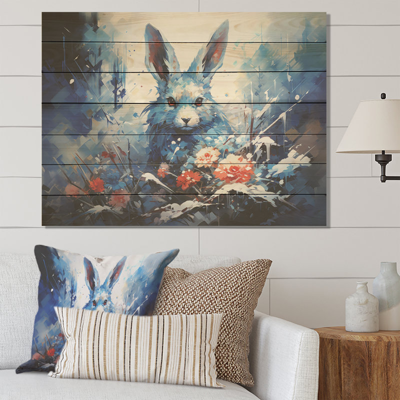 Lapin bleu - Solitude hivernale - Animal lapin sur bois, H 30 po x l 40 po x P 0,78 po