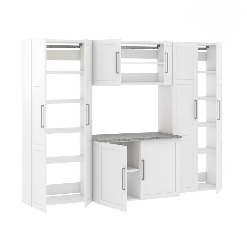 Garage Core 2 armoires hautes peu profondes, armoires de base, portes et dessus en blanc
