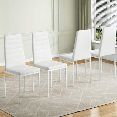 Set Of 4 White PU Leather Dining Chairs For Kitchen, Modern Side Chairs With Sturdy Metal Frame