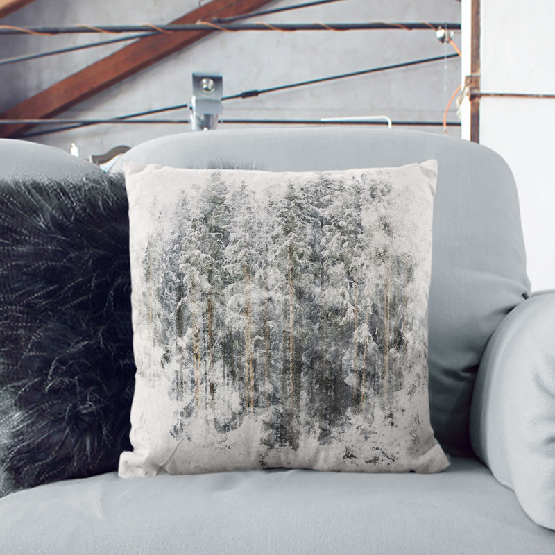 View of a Winter Forest Cushion with Filling, 55cm H x 55cm W x 20cm D, White