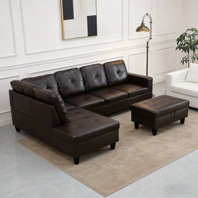 Ensemble de trois pièces de canapé en cuir brun avec art respirant croisé et tabouret de rangement