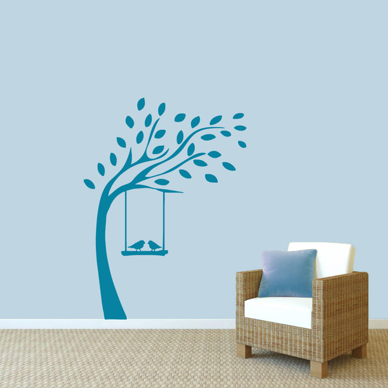 Décalcomanie murale arbre avec oiseaux sur balançoire, Bleu sarcelle