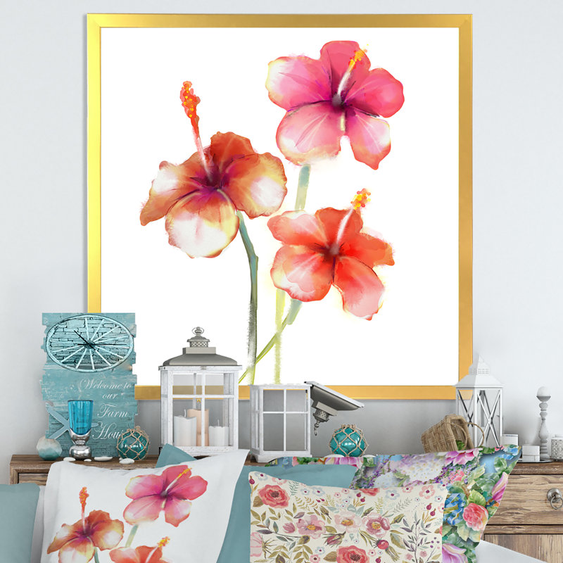 Red Hibiscus Flowers - reproduction de cadre photo sur toile, H 16 po x l 16 po x P 1 po, Cadre doré