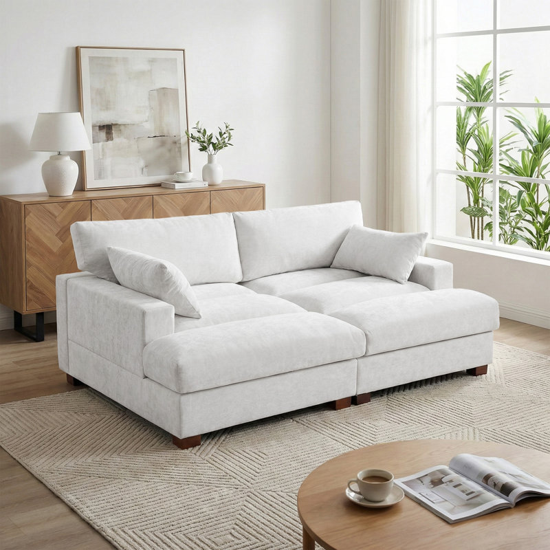 Canapé-lit surdimensionné rembourré en chenille blanc cassé avec accoudoirs et coussins décoratifs, Blanc cassé