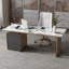 Bureau à 3 tiroirs gris + café + pierre frittée rectangulaire dorée + bois manufacturé + acier inoxydable-118734291-118734292