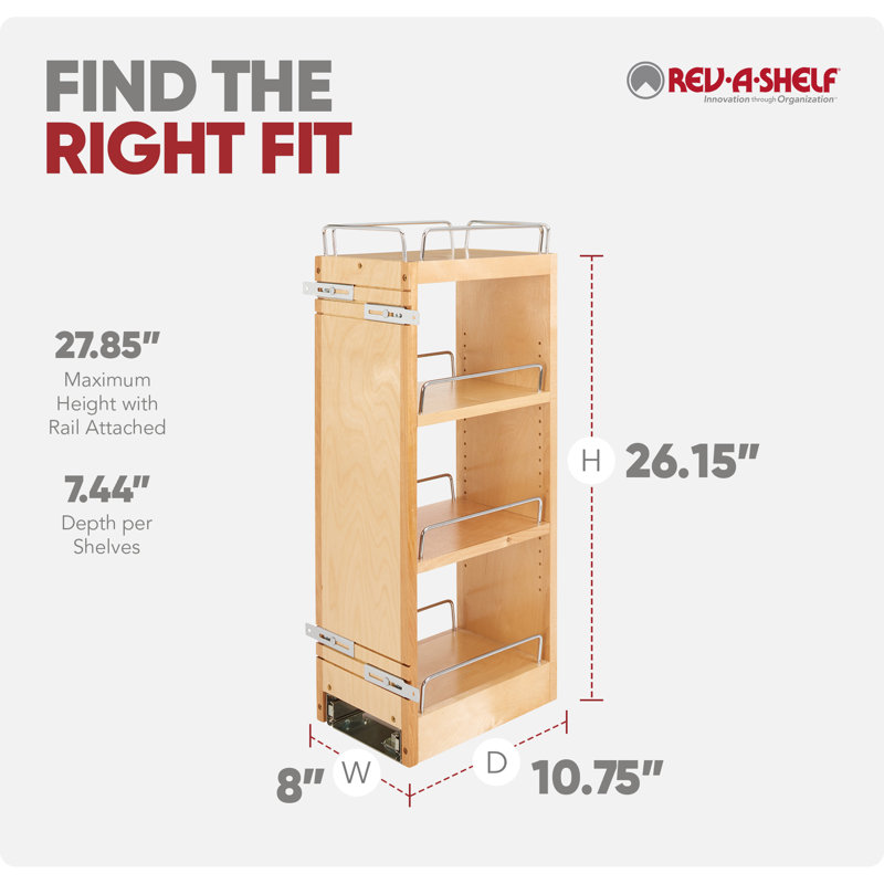Rev-A-Shelf Wood Wall Pullout Organizer with Ball-Bearing Soft-Close for 30-Inch Height Kitchen Cabinets, 8" W