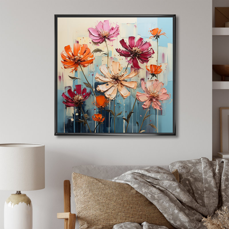 «Zinnias Bold» sur toile, Cadre flottant noir, H 30 po x l 30 po
