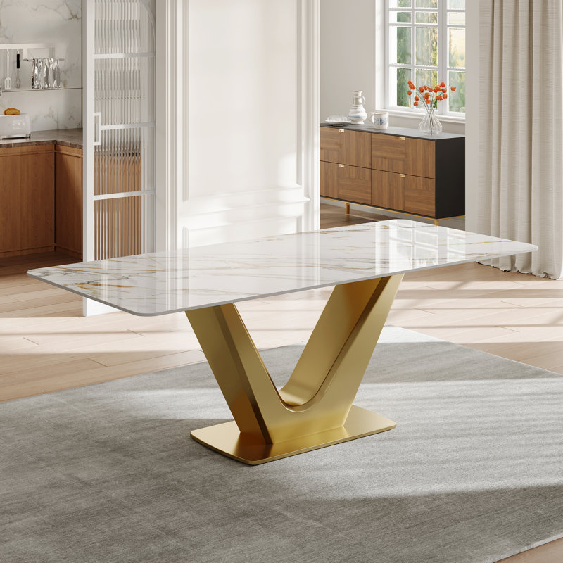 Randahl 71'' Modern Rectangular Dining Table for 6, Luxury Kitchen Table with Glossy Sintered Stone Top, Gold Stainless Steel Legs