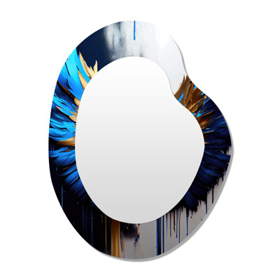 Ange Higginson bleu et or ailes I - ailes de grand miroir asymétrique, décor de miroir unique de forme unique moderne, impression d'art en métal