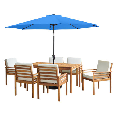 Arjay 8 Pc Patio Dining Set Wood One 63" Table Chairs With Cushions And 1 10-Foot Tilt Umbrella