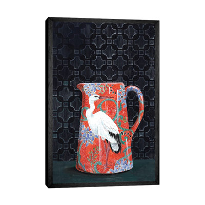Red Pitcher With Stork by Miri Eshet - Print on Canvas