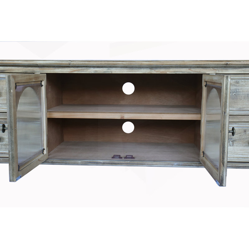 Meuble télé rustique avec 4 tiroirs et 2 portes en verre, console multimédia en bois vieilli pour un rangement et un style polyvalents