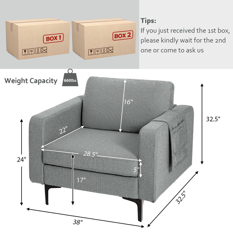 Kameyah Upholstered 38'' Sofa, Dark Gray Fabric