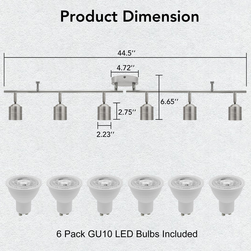 Luminaire sur rail à 6 têtes, finition nickel brossé, conception moderne, ampoules GU10 à intensité variable (5 W, 500LM, 3000K), certification cETL, garantie de 1 an, installation facile