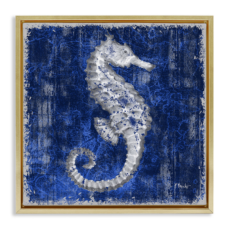  «Rustic Indigo Seahorse Floater», art mural sur toile par Paul Brent, H 25 po x l 25 po, Cadre flottant métallique doré