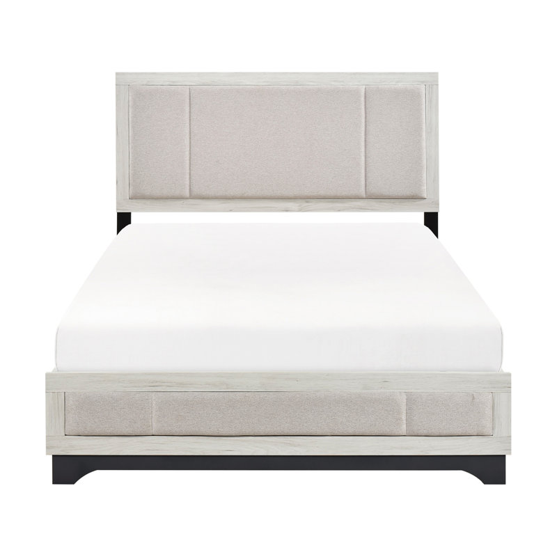 Très grand lit contemporain à deux tons en chêne blanc et gris, tête de lit tapissier en tissu moderne avec finition grise, pour la décoration