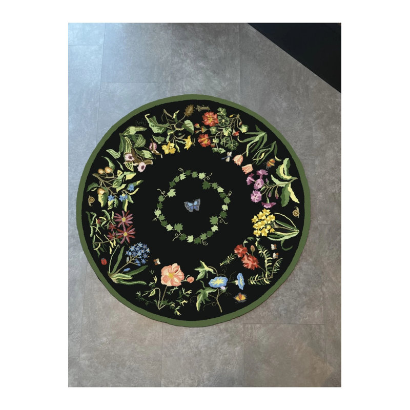 Black Botanical Theme Woven Base Round Rug, Round 5'