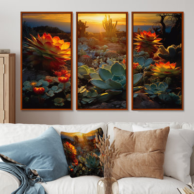 Succulent Desert Cactus Field Burning Sunset - Succulent Wall Art Set