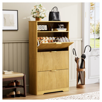 Natural Wood Shoe Cabinet with 3 Flip Drawers - Tall Free Standing Shoe Storage Organizer for Entryway, Hallway & Foyer - Modern Minimalist Shoe Rack with Hidden Storage, 31.6'' L x 9.6'' W x 54.4'' H
