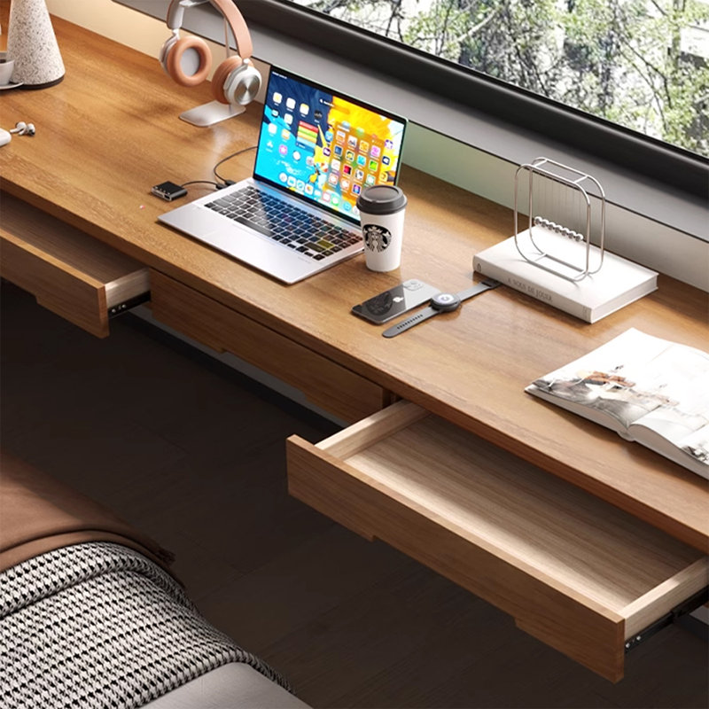 Walnut Rectangular Solid Wood Writing desk,Floating desk with drawers desk, 5.91"H*55.12"W*19.69"D