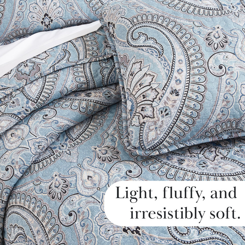 Pure Melody Oversized Light-weight Paisley Quilt Set with matching shams, King Quilt + 2 King Shams, Aqua blue