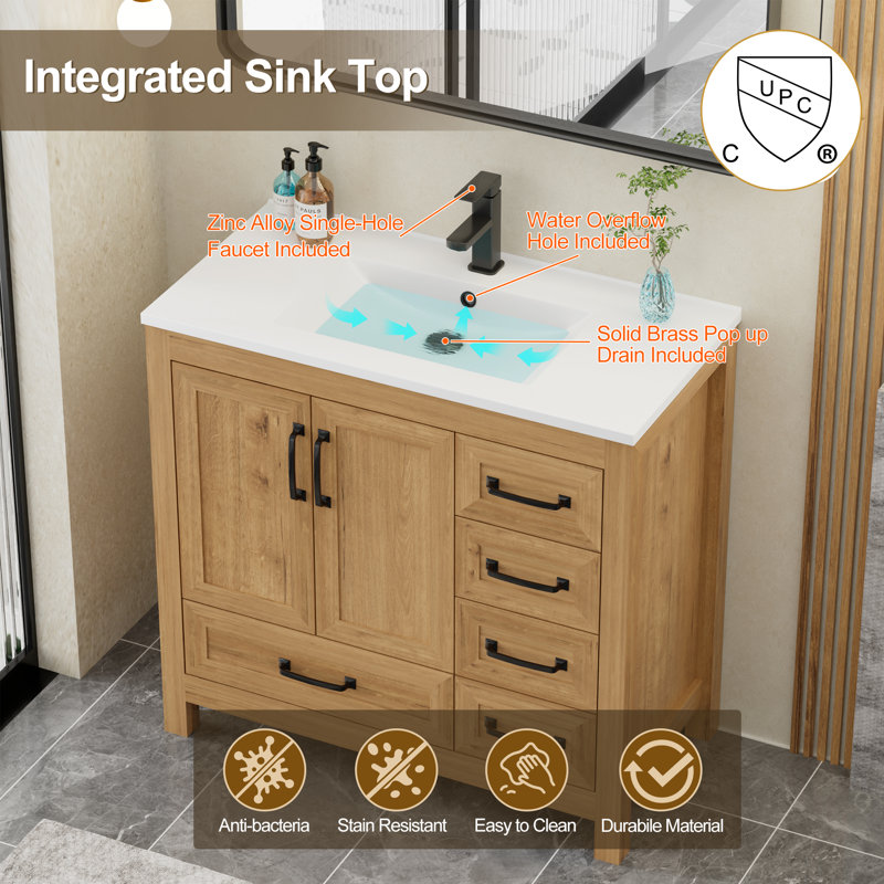 36" Modern Farmhouse Single Bathroom Vanity With Resin Sink Top, Faucet, Assembly Required, 36"