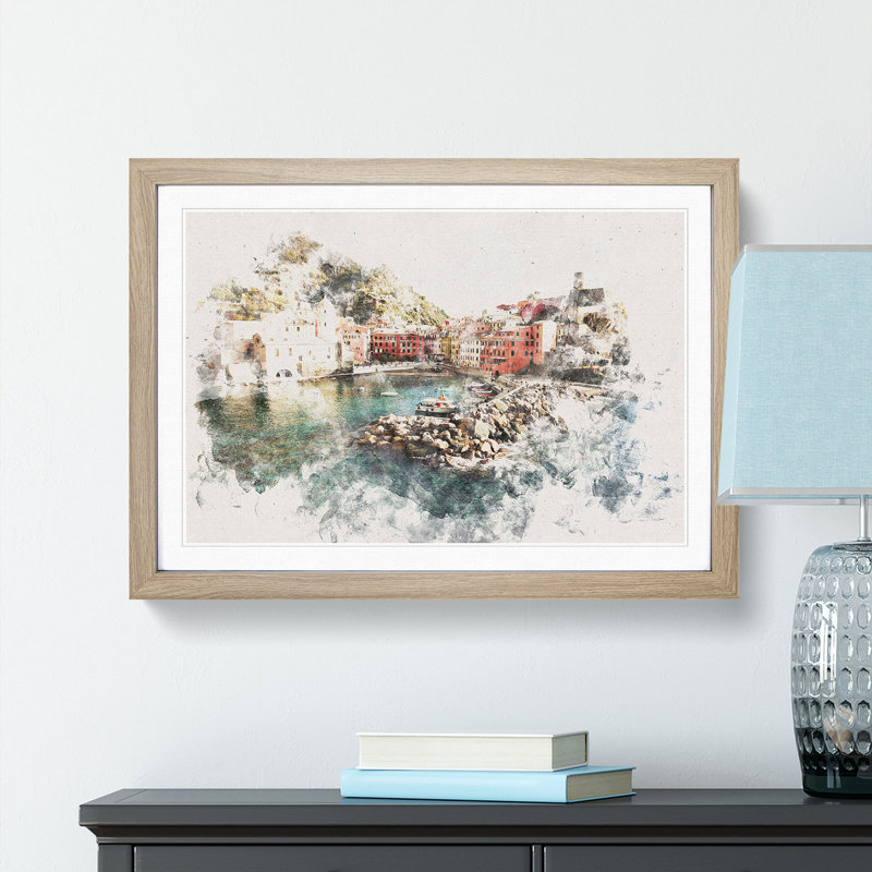 Boats in Vernazza Italy - Picture Frame Graphic Art Print, Oak Framed, 62cm H x 87cm W x 2cm D