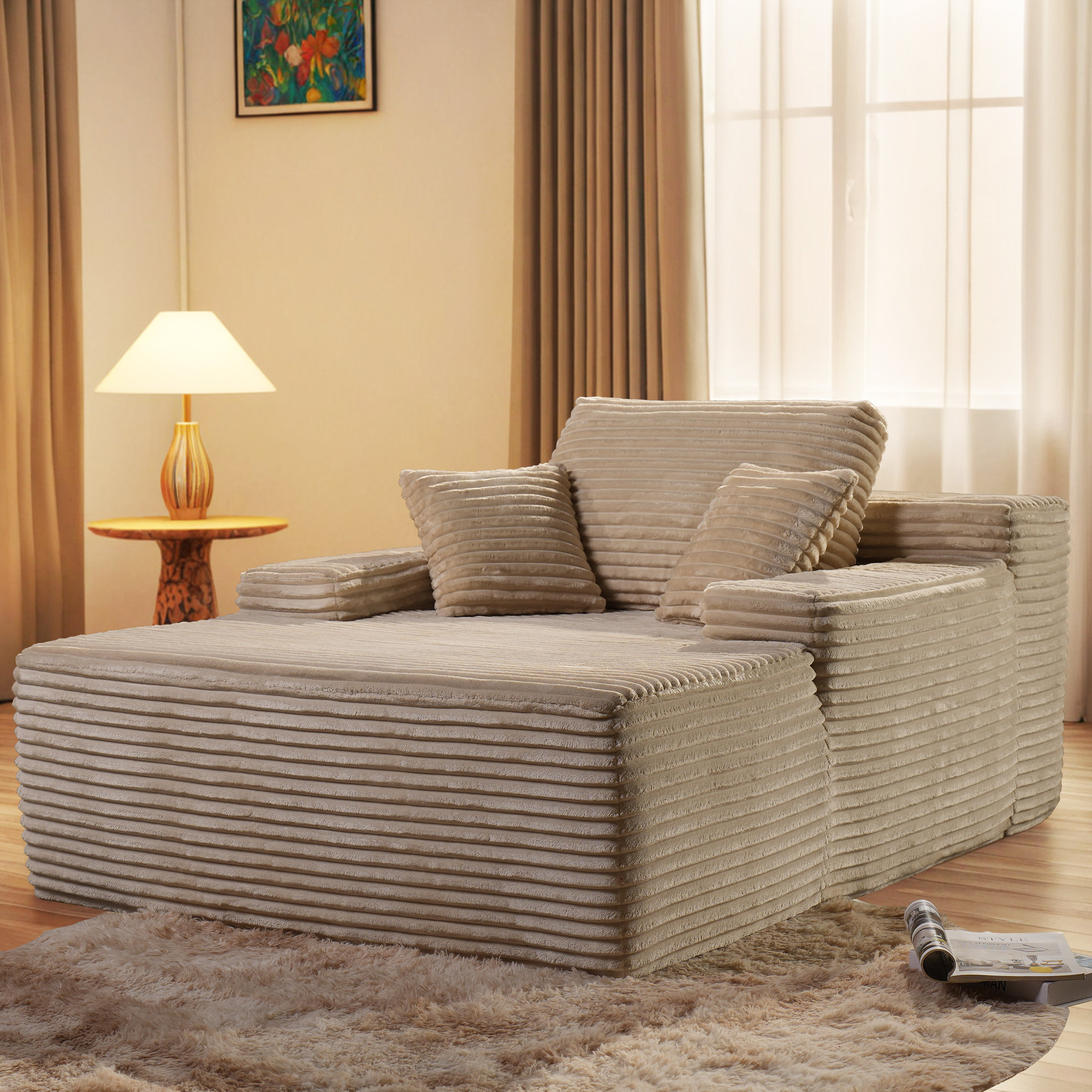 Chaise Lounge Chair Indoor With Pillows, 48.42 "d Oversized Sleeper Chair, Could Plush Corduroy Comfy Sofa For Bedroom, Living Room, Office
