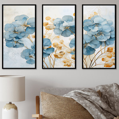 «Elegant Gold and Blue Pansy Petals I - Pansies», ensemble d'art sur toile