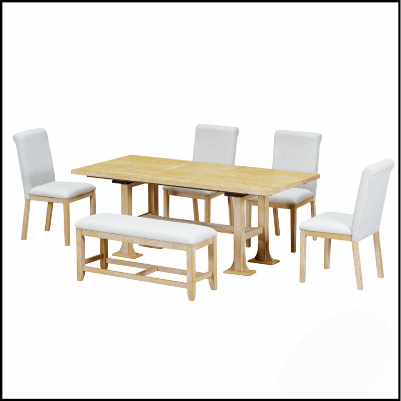 Ensemble de salle à manger extensible 6 pièces Farmhouse avec table à tréteaux, rallonge amovible, chaises rembourrées et banc pour des sièges polyvalents