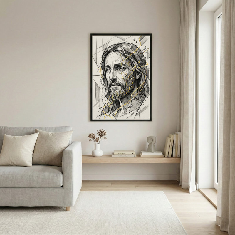 Toile noire encadrée en bois noir pour le salon, la chambre à coucher, le bureau ou le vestibule - décoration murale décorative avec portrait géométrique