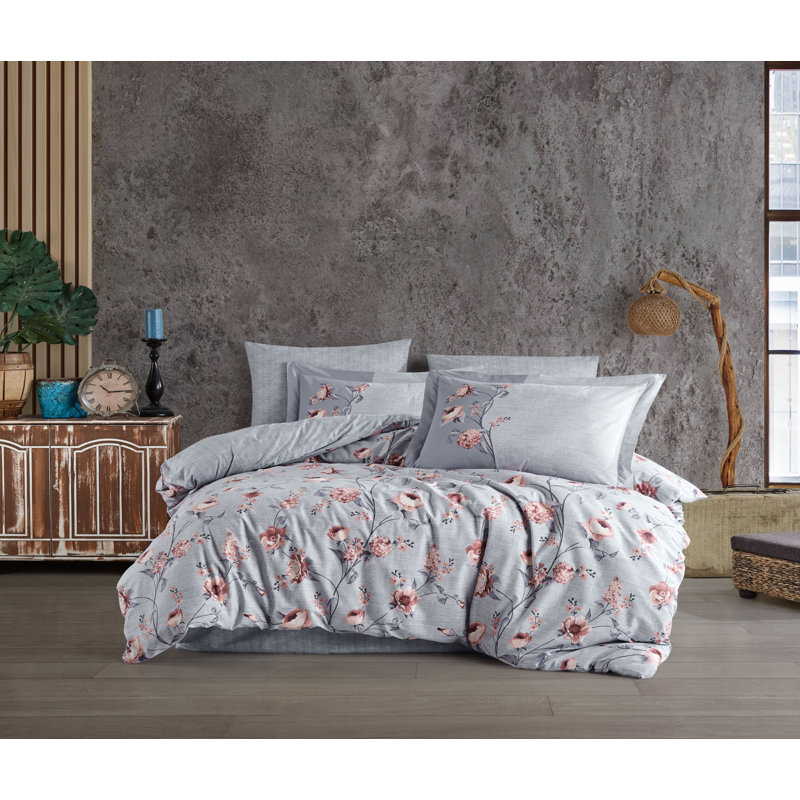 Ensemble de housse de couette double Premium 100% coton Ranforce Premium, comprend une housse de couette (78,7 x 86,6 po), un drap plat (94,5 x 102,4 po) et 2 taies d'oreiller (19,7 x 27,6 po) | Lavable à la machine, fermeture à boutons, motif rouge / bleu / blanc