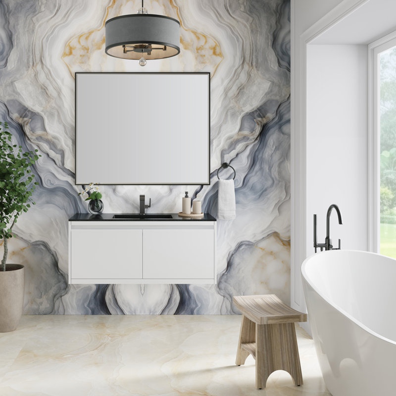 Mantova 47.25'' W Single Vanity, Charcoal Black, Glossy White/Champagne Brass