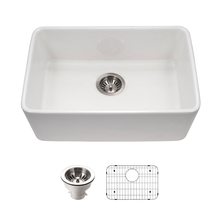 Houzer 24 in White Fireclay Undermount Single Bowl Kitchen Sink w/ Strainer, Grid - PTU-2400 WH-C