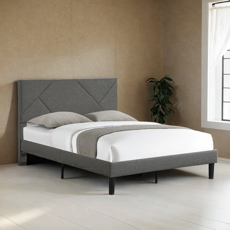 Classic Upholstered Platform Bed with Headboard & Wood Slat Mattress Foundation, Gray, Queen