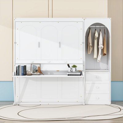Lit escamotable avec tablette de rangement, tringle à DEL, 3 tiroirs et bureau