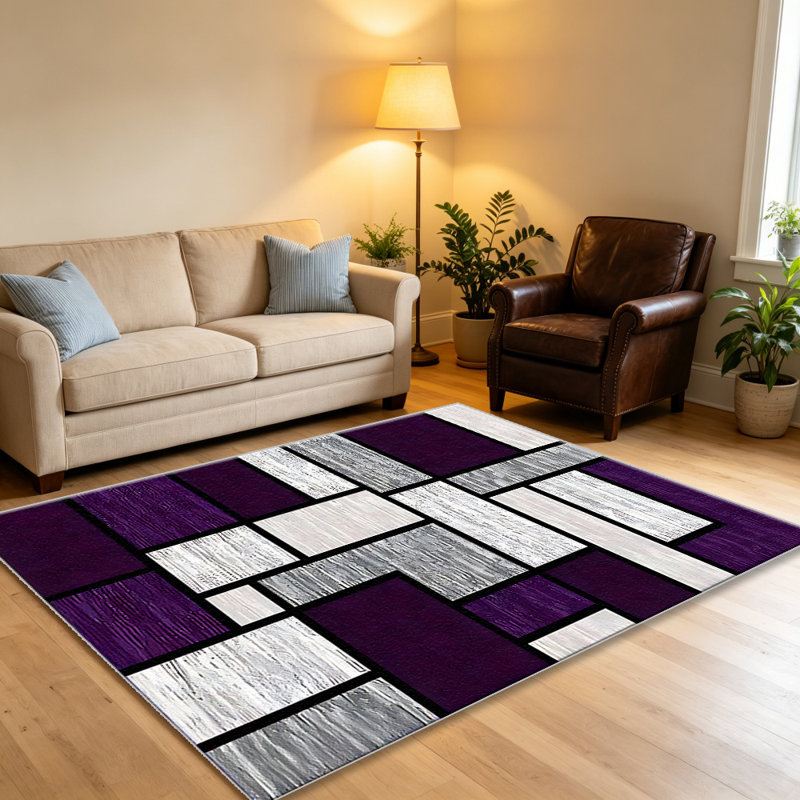 Purple Mondrian Geometric area rugs for Living Room, Soft and Comfortable, Suitable for all seasons, easy to maintain, machine washable Indoor floor mat, Under Table Farmhouse suitable for Bedroom, Dining Room, Study, Patio, Balcony, Home Decor
