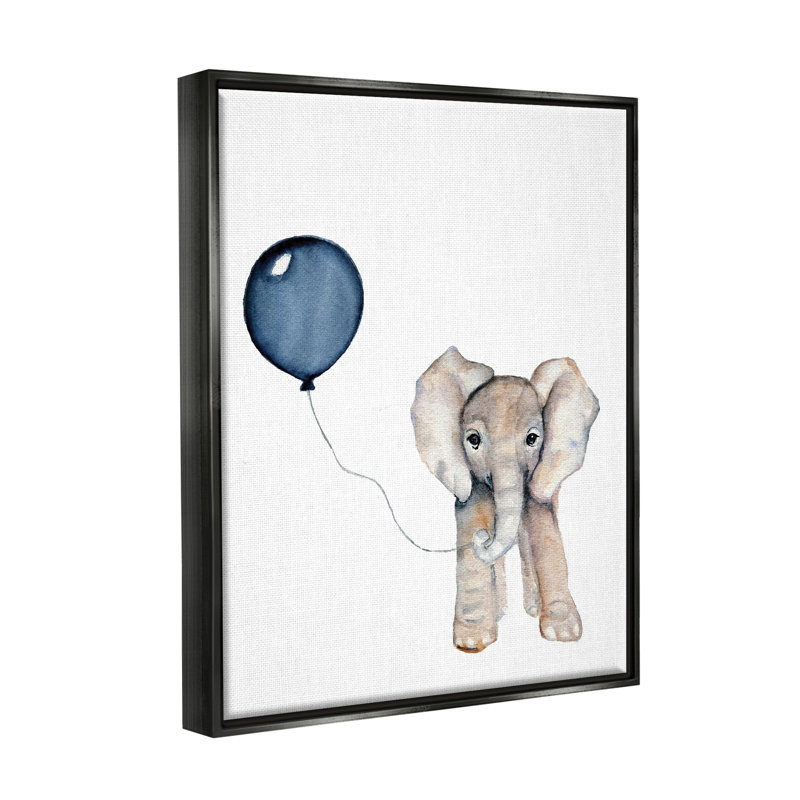 «Baby Elephant with Blue Balloon Jet Black», art mural encadré flottant par Susan Knovich, Cadre flottant noir de jais