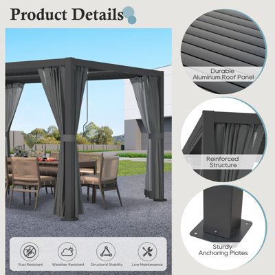 12 pi. L 10 pi. D Pergola à persiennes en aluminium, pergola d'extérieur avec toit à persiennes réglable, pergola à persiennes avec rideaux et filets imperméables pour terrasse de jardin, piscine