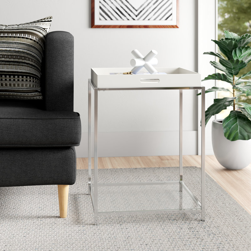 Glass Tray Top End Table with Storage, White