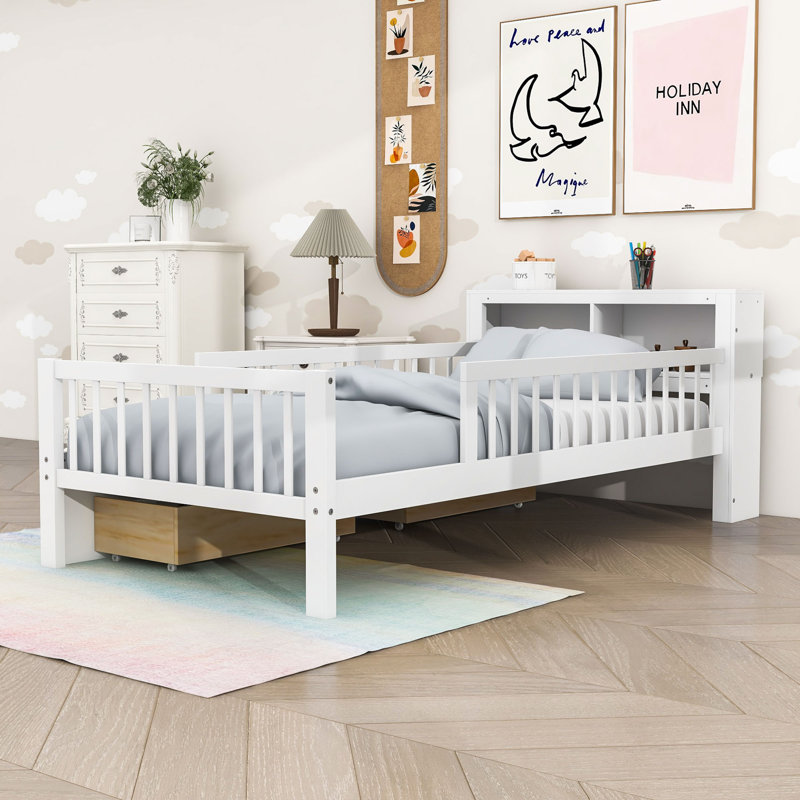Twin Wooden Platform Bed with Headboard Storage, Safety Guardrails and Drawers, White