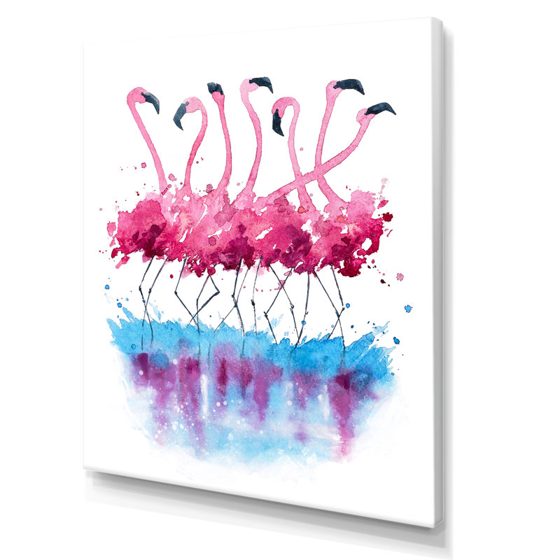 Flamants roses sur l'eau bleue - Peinture sur toile, H 32 po x l 16 po x P 1 po, Toile tendue