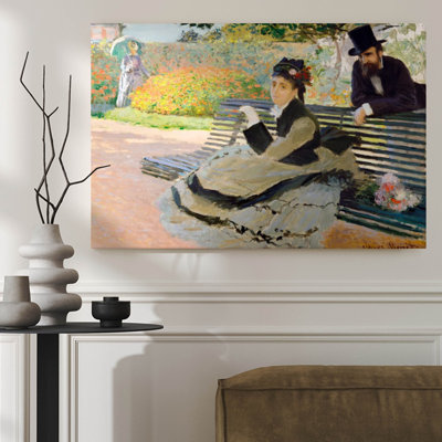 Art mural sur toile encadré, Couple sur un banc dans un jardin, style de peinture à l'huile impressionniste. Décoration murale, grande œuvre d'art pour le salon, prête à être suspendue, 24 po x 36 po