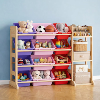Rangement pour jouets pour enfants avec 12 bacs et 3 tablettes, 42 po de largeur, rangement pour salle de jeux et chambre à coucher