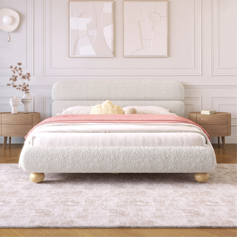 Lit contemporain tapissier à profil bas avec tissu en molleton Teddy et pieds ronds massifs Conception élégante en forme de courbe pour la chambre à coucher, grand lit
