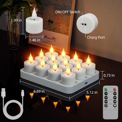 12Pcs Battery Operated Tea light Candles with Remote Timer & Charging Base LED Flickering