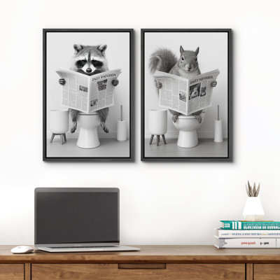 Raccoon and Squirrel Funny Bathroom Wall Art Set of 2 - Animal Reading Prints, Whimsical Decor for Eclectic or Kids' Spaces