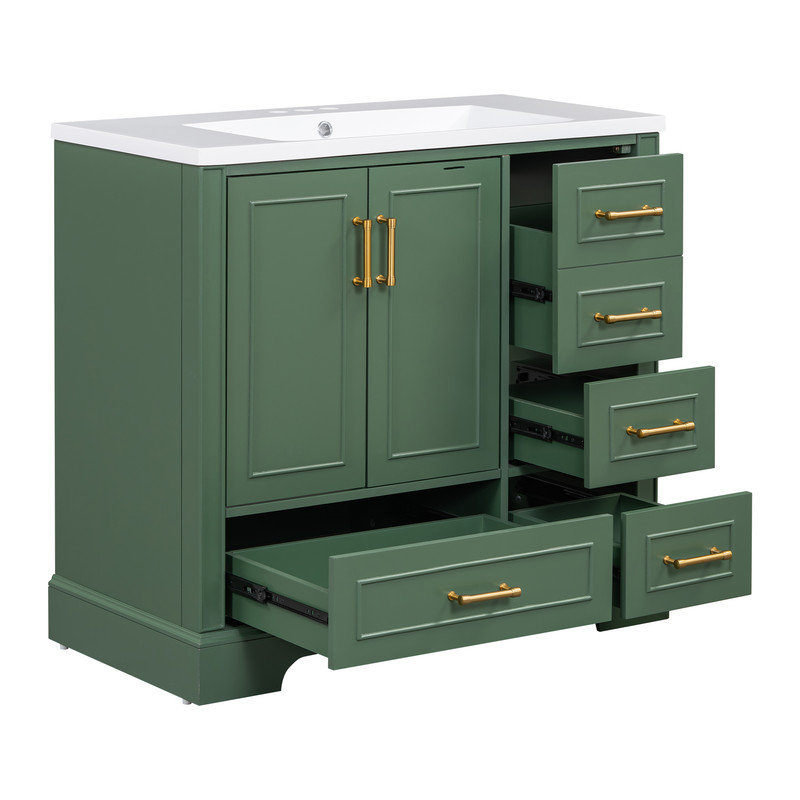 Meuble-lavabo traditionnel 36 po avec lavabo en résine, 2 portes et 4 tiroirs, Vert