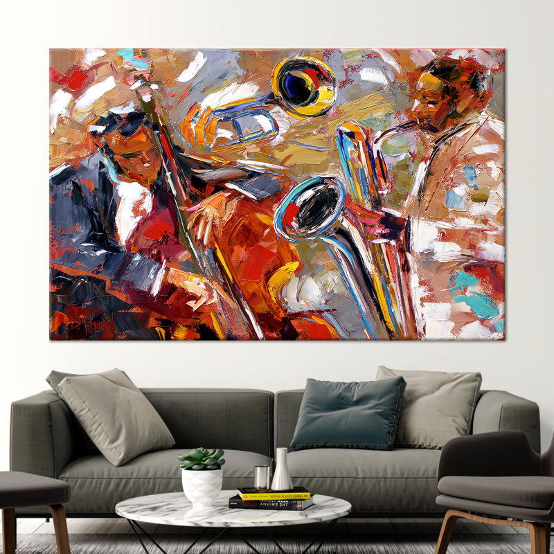Abstract Jazz Music Canvas Art Featuring Saxophone and African American Ethnic Elements, Wrapped Canvas, 70 cm H x 100 cm W