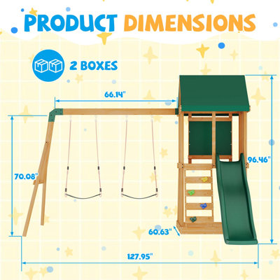 Wooden Swing Set with Wave Slide & Canopy, Cedar Backyard Playset with 2 Belt Swings and Rock Climbing Wall for Kids